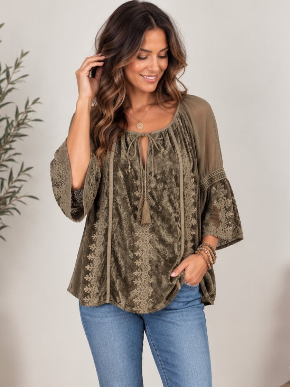 502. Women's Olive Green Velvet Patchwork Boho Top